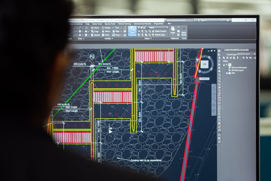 A civil engineer working on a weir design using CAD software on a computer screen in an office setting